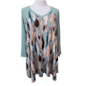 VINTAGE Feathers Print Long Tunic Top Blouse‎ M Flowy Slinky Mint Green Novelty